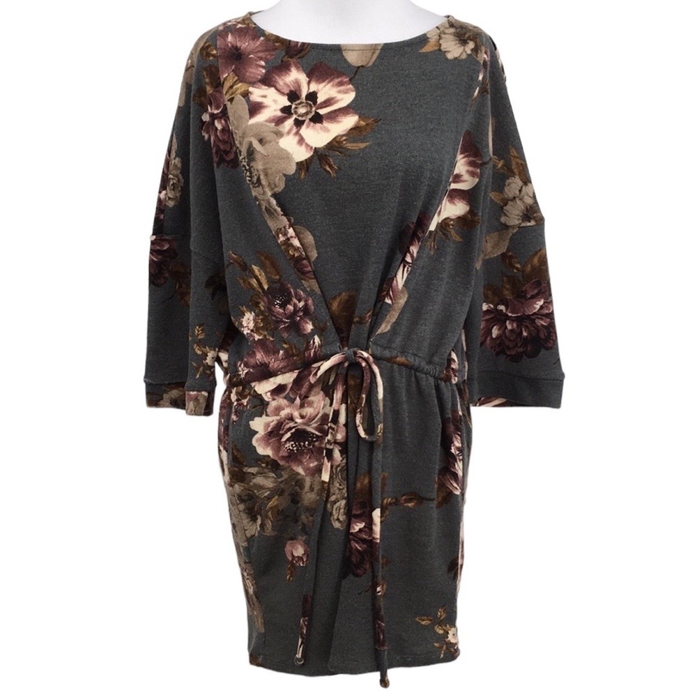 Rokoko Mini Dress Womens Medium Blue Purple Floral Print Tunic Dolman Sleeve